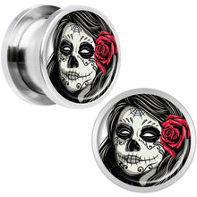 Load image into Gallery viewer, Katrina Sugar Skull with Rose Flower Steel Screw Fit Plug Set 1/2
