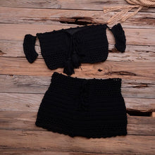 Load image into Gallery viewer, Fashion Beach Bikini Set Knitting Swimsuit Crochet Style Off Shoulder Bathing Handmade Tassels Bikini Bra Two Piece Beach Outfits For Women Crochet Tassels Hollow Out Bikini Bra Top Skirt Cover Up Dress

