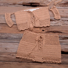 Load image into Gallery viewer, Fashion Beach Bikini Set Knitting Swimsuit Crochet Style Off Shoulder Bathing Handmade Tassels Bikini Bra Two Piece Beach Outfits For Women Crochet Tassels Hollow Out Bikini Bra Top Skirt Cover Up Dress
