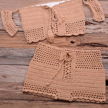 Load image into Gallery viewer, Fashion Beach Bikini Set Knitting Swimsuit Crochet Style Off Shoulder Bathing Handmade Tassels Bikini Bra Two Piece Beach Outfits For Women Crochet Tassels Hollow Out Bikini Bra Top Skirt Cover Up Dress
