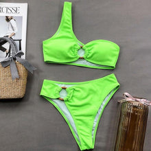 Load image into Gallery viewer, Modern Design Bikini Set One Shoulder Women's Swimsuits High Waist Bright Color Swimwear Women Rings Ribbed Bikinis Women's Ribbed O-Ring String Bikini Swimsuit Comfortable Swimwear
