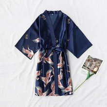 Load image into Gallery viewer, Fashion Blue Floral Bird Print Stylish Bathrobes Modern Comfortable Design Silk Soft Sleepwear For Women
