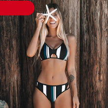 将图片加载到图库查看器，Fashion Blue White Women Striped Bikini Sets Swimsuit Women Halter Top Bikini High Waist Bathing Suits Bandage Two Piece Swimsuit Two Pieces Swimwear Women Summer Beach Adjustable Bathing Suit
