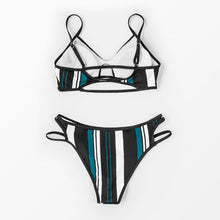 将图片加载到图库查看器，Fashion Blue White Women Striped Bikini Sets Swimsuit Women Halter Top Bikini High Waist Bathing Suits Bandage Two Piece Swimsuit Two Pieces Swimwear Women Summer Beach Adjustable Bathing Suit
