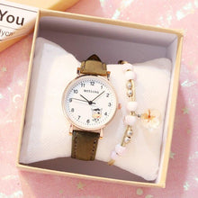将图片加载到图库查看器，Fashion Childrens Set Bracelet Watch Student Watch Girl Leather Strap Quartz Watch Leather Strap Quartz Watch Children Set Bracelet Watch Leather Band Luxury Quartz Wristwatch
