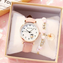 将图片加载到图库查看器，Fashion Childrens Set Bracelet Watch Student Watch Girl Leather Strap Quartz Watch Leather Strap Quartz Watch Children Set Bracelet Watch Leather Band Luxury Quartz Wristwatch
