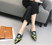 Load image into Gallery viewer, Fashion Embroidery Women Fur Slides Half Slippers Velvet Shoes Flats Flower Decoration Low Heel Flats Leather Slip On Backless Sandals For Girls Womens Work Slides Shoes
