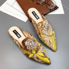 Load image into Gallery viewer, Fashion Embroidery Women Fur Slides Half Slippers Velvet Shoes Flats Flower Decoration Low Heel Flats Leather Slip On Backless Sandals For Girls Womens Work Slides Shoes
