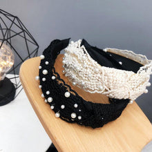 将图片加载到图库查看器，Fashion Girls Pearl Hairband White Black Lace Headband Women Artificial Pearls Hair Hoop Middle Knot Hair Accessories Gorgeous Hair Accessories For Women
