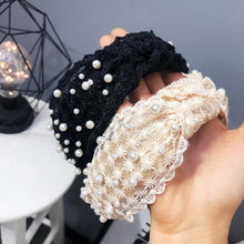 将图片加载到图库查看器，Fashion Girls Pearl Hairband White Black Lace Headband Women Artificial Pearls Hair Hoop Middle Knot Hair Accessories Gorgeous Hair Accessories For Women
