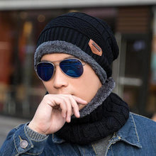 将图片加载到图库查看器，Fashion Knitted Winter Hats For Men Thick and Warm Men Winter Hat Black Autumn Beanie Hat Men Wool Ski Hats Beanies Bonnet Scarf Hat Set Outdoor Sport Warm Beanies Hat For Men Knitted Hats Bandana Hiking Camping Kid Neck Warmer Cap
