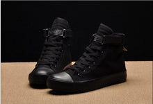 将图片加载到图库查看器，Fashion New Mens Light Breathable Canvas Casual Black White  High Top Solid Color Sneakers Shoes Vulcanized Mens Sports Walking Jogging Non Slip Athletic Sneakers
