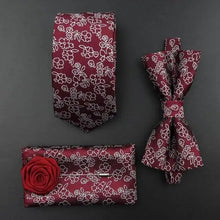 将图片加载到图库查看器，Fashion Red Business Necktie Matching Bowtie Flower Vintage Design Set For Men Self-Tie Bow Tie And Pocket Square Classic Business Tuxedo Wedding Bowties Handkerchief Set Men Necktie And Pocket Square Set
