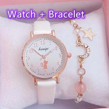 将图片加载到图库查看器，Fashion Set Bracelet Watch Leather Strap Watch Cute Cat Dial Girl Watch Children Quartz Watch Couple Watch Gift Set Valentines Romantic Lovers Watch For Man Woman Leather Strap
