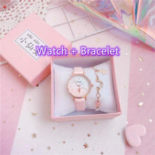 将图片加载到图库查看器，Fashion Set Bracelet Watch Leather Strap Watch Cute Cat Dial Girl Watch Children Quartz Watch Couple Watch Gift Set Valentines Romantic Lovers Watch For Man Woman Leather Strap
