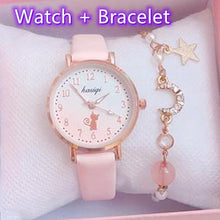 将图片加载到图库查看器，Fashion Set Bracelet Watch Leather Strap Watch Cute Cat Dial Girl Watch Children Quartz Watch Couple Watch Gift Set Valentines Romantic Lovers Watch For Man Woman Leather Strap
