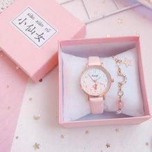 将图片加载到图库查看器，Fashion Set Bracelet Watch Leather Strap Watch Cute Cat Dial Girl Watch Children Quartz Watch Couple Watch Gift Set Valentines Romantic Lovers Watch For Man Woman Leather Strap
