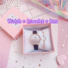 将图片加载到图库查看器，Fashion Set Bracelet Watch Leather Strap Watch Cute Cat Dial Girl Watch Children Quartz Watch Couple Watch Gift Set Valentines Romantic Lovers Watch For Man Woman Leather Strap
