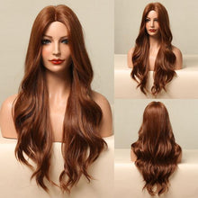 Load image into Gallery viewer, Fashionable Long Wavy Synthetic Wigs Brown to Blonde Ombre with Bangs Fake Hair for Women Daily Cosplay Party Heat Resistant Wigs For Black Women Gifts for Girlfriends
