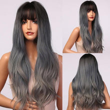 Load image into Gallery viewer, Fashionable Long Wavy Synthetic Wigs Brown to Blonde Ombre with Bangs Fake Hair for Women Daily Cosplay Party Heat Resistant Wigs For Black Women Gifts for Girlfriends
