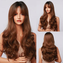 Load image into Gallery viewer, Fashionable Long Wavy Synthetic Wigs Brown to Blonde Ombre with Bangs Fake Hair for Women Daily Cosplay Party Heat Resistant Wigs For Black Women Gifts for Girlfriends
