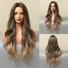 Load image into Gallery viewer, Fashionable Long Wavy Synthetic Wigs Brown to Blonde Ombre with Bangs Fake Hair for Women Daily Cosplay Party Heat Resistant Wigs For Black Women Gifts for Girlfriends

