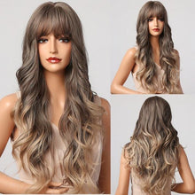 Load image into Gallery viewer, Fashionable Long Wavy Synthetic Wigs Brown to Blonde Ombre with Bangs Fake Hair for Women Daily Cosplay Party Heat Resistant Wigs For Black Women Gifts for Girlfriends
