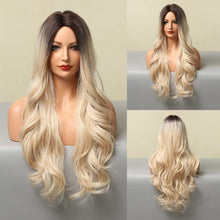 Load image into Gallery viewer, Fashionable Long Wavy Synthetic Wigs Brown to Blonde Ombre with Bangs Fake Hair for Women Daily Cosplay Party Heat Resistant Wigs For Black Women Gifts for Girlfriends
