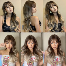Load image into Gallery viewer, Fashionable Long Wavy Synthetic Wigs Brown to Blonde Ombre with Bangs Fake Hair for Women Daily Cosplay Party Heat Resistant Wigs For Black Women Gifts for Girlfriends
