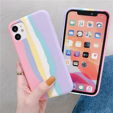 Load image into Gallery viewer, Fashionable Rainbow Silicone Luxury Case For iPhone 11 12 13 14 Pro Max XR X XS 7 8 Plus Mini Soft Shockproof Cover Creative Cute Rainbow Pink Stripe Line Soft Silicone Case
