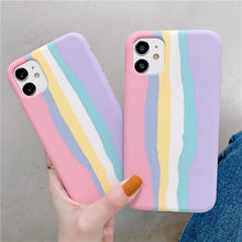 Load image into Gallery viewer, Fashionable Rainbow Silicone Luxury Case For iPhone 11 12 13 14 Pro Max XR X XS 7 8 Plus Mini Soft Shockproof Cover Creative Cute Rainbow Pink Stripe Line Soft Silicone Case
