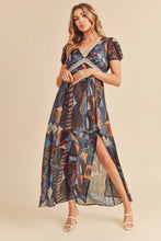 将图片加载到图库查看器，Lace Detail Slit Geometric Print Short Sleeve Comfortable Maxi Dress For Women, Elegant Lace, Alluring Slit, Sophisticated Geometric Print for Casual &amp; Dressy Occasions
