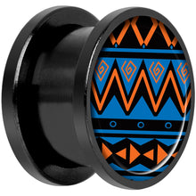 Load image into Gallery viewer, Blue Orange Tribal Print Black Anodized Screw Fit Plug Set 9/16
