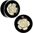 Load image into Gallery viewer, Black Acrylic White Rose Flower Insert Saddle Plug Set Available in Sizes 00G to 26mm
