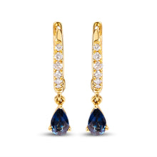 Load image into Gallery viewer, 10K Yellow Gold Pear Blue Sapphire and 1/10 Cttw Diamond Drop and Dangle Huggy Hoop Earrings (H-I Color, I1-I2 Clarity)
