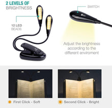 将图片加载到图库查看器，Super Adjustable Goosenecks Clip LED Lamp For Book Reading With Stand And Double Ligh  Rechargeable 12 LED Warm Book Light, Clip On Bed Reading Light, Music Stand Lamp, 2 Brightness &amp; 2 Goosenecks Light Up 2 Full Pages. Perfect For Bookworms, Kids &amp; Music
