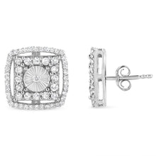 Load image into Gallery viewer, .925 Sterling Silver 1.0 Cttw Round Diamond Double Halo and Disc Stud Earring (I-J Color, I2-I3 Clarity)
