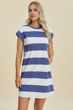 将图片加载到图库查看器，Full Size Striped Round Neck Cap Sleeve Mini Dress For Women – Striped Mini Dress, Full-Size Round Neck Dress, Comfortable Cap Sleeve Dress, Chic Striped Dress, Flattering Mini Dress, Casual Everyday Dress, Versatile Striped Dress
