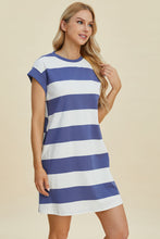 将图片加载到图库查看器，Full Size Striped Round Neck Cap Sleeve Mini Dress For Women – Striped Mini Dress, Full-Size Round Neck Dress, Comfortable Cap Sleeve Dress, Chic Striped Dress, Flattering Mini Dress, Casual Everyday Dress, Versatile Striped Dress
