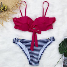 Load image into Gallery viewer, Female Two Piece Swimsuit Low Waist Bikini Floral Printing Swimwear Push Up Bathing Suit  Detachable Padded Push Up Striped Bikini Set Two Piece Swimsuit Ladies Vintage Lace Bikini Sets Beach Swimwear
