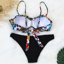 Load image into Gallery viewer, Female Two Piece Swimsuit Low Waist Bikini Floral Printing Swimwear Push Up Bathing Suit  Detachable Padded Push Up Striped Bikini Set Two Piece Swimsuit Ladies Vintage Lace Bikini Sets Beach Swimwear
