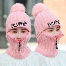 将图片加载到图库查看器，Female Winter Knitted Hats Add Fur Lined Warm Winter Hats For Women With Zipper Keep Face Warmer Balaclava Pompoms Cap Fleece Balaclava Gorgas Bonnet Knitted Hat Windproof Ski Mask Cold Weather Face Mask Motorcycle Balaclava Hood Warmer Winter Sports Cap
