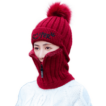 将图片加载到图库查看器，Female Winter Knitted Hats Add Fur Lined Warm Winter Hats For Women With Zipper Keep Face Warmer Balaclava Pompoms Cap Fleece Balaclava Gorgas Bonnet Knitted Hat Windproof Ski Mask Cold Weather Face Mask Motorcycle Balaclava Hood Warmer Winter Sports Cap
