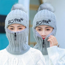 将图片加载到图库查看器，Female Winter Knitted Hats Add Fur Lined Warm Winter Hats For Women With Zipper Keep Face Warmer Balaclava Pompoms Cap Fleece Balaclava Gorgas Bonnet Knitted Hat Windproof Ski Mask Cold Weather Face Mask Motorcycle Balaclava Hood Warmer Winter Sports Cap

