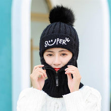 将图片加载到图库查看器，Female Winter Knitted Hats Add Fur Lined Warm Winter Hats For Women With Zipper Keep Face Warmer Balaclava Pompoms Cap Fleece Balaclava Gorgas Bonnet Knitted Hat Windproof Ski Mask Cold Weather Face Mask Motorcycle Balaclava Hood Warmer Winter Sports Cap
