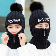 将图片加载到图库查看器，Female Winter Knitted Hats Add Fur Lined Warm Winter Hats For Women With Zipper Keep Face Warmer Balaclava Pompoms Cap Fleece Balaclava Gorgas Bonnet Knitted Hat Windproof Ski Mask Cold Weather Face Mask Motorcycle Balaclava Hood Warmer Winter Sports Cap

