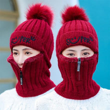将图片加载到图库查看器，Female Winter Knitted Hats Add Fur Lined Warm Winter Hats For Women With Zipper Keep Face Warmer Balaclava Pompoms Cap Fleece Balaclava Gorgas Bonnet Knitted Hat Windproof Ski Mask Cold Weather Face Mask Motorcycle Balaclava Hood Warmer Winter Sports Cap
