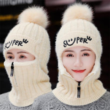 将图片加载到图库查看器，Female Winter Knitted Hats Add Fur Lined Warm Winter Hats For Women With Zipper Keep Face Warmer Balaclava Pompoms Cap Fleece Balaclava Gorgas Bonnet Knitted Hat Windproof Ski Mask Cold Weather Face Mask Motorcycle Balaclava Hood Warmer Winter Sports Cap

