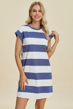 将图片加载到图库查看器，Full Size Striped Round Neck Cap Sleeve Mini Dress For Women – Striped Mini Dress, Full-Size Round Neck Dress, Comfortable Cap Sleeve Dress, Chic Striped Dress, Flattering Mini Dress, Casual Everyday Dress, Versatile Striped Dress

