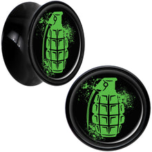 Load image into Gallery viewer, Black Acrylic Green Grenade Saddle Plug Set 9/16
